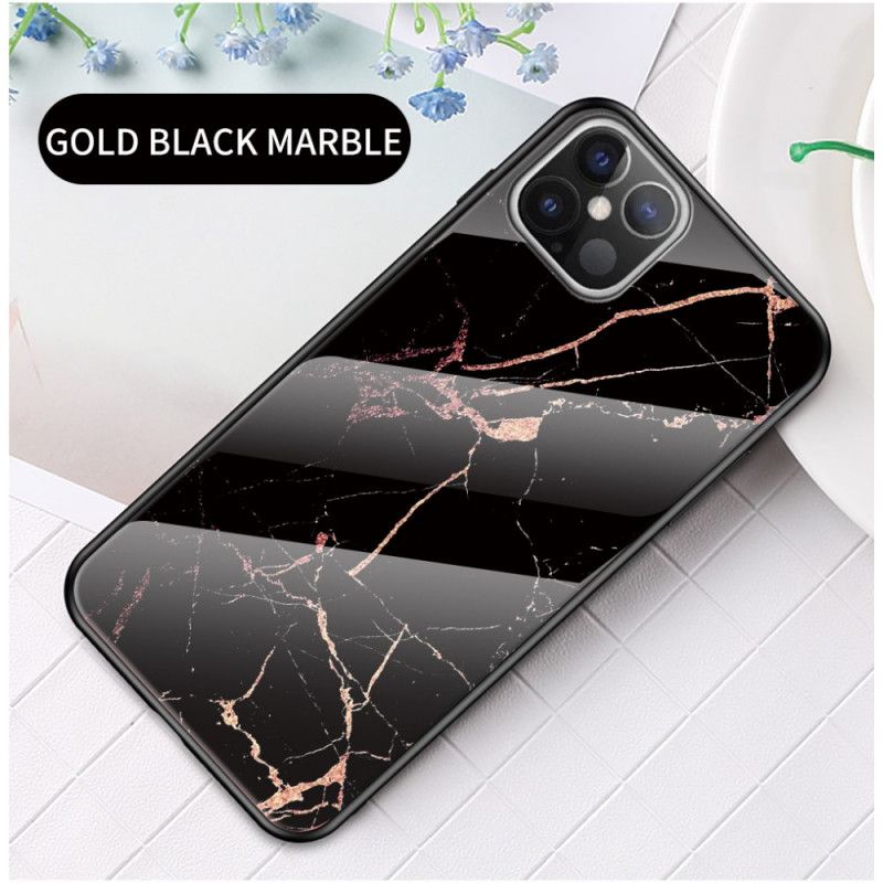 Deksel iPhone 12 Pro Max Svart Marmorfarger Herdet Glass