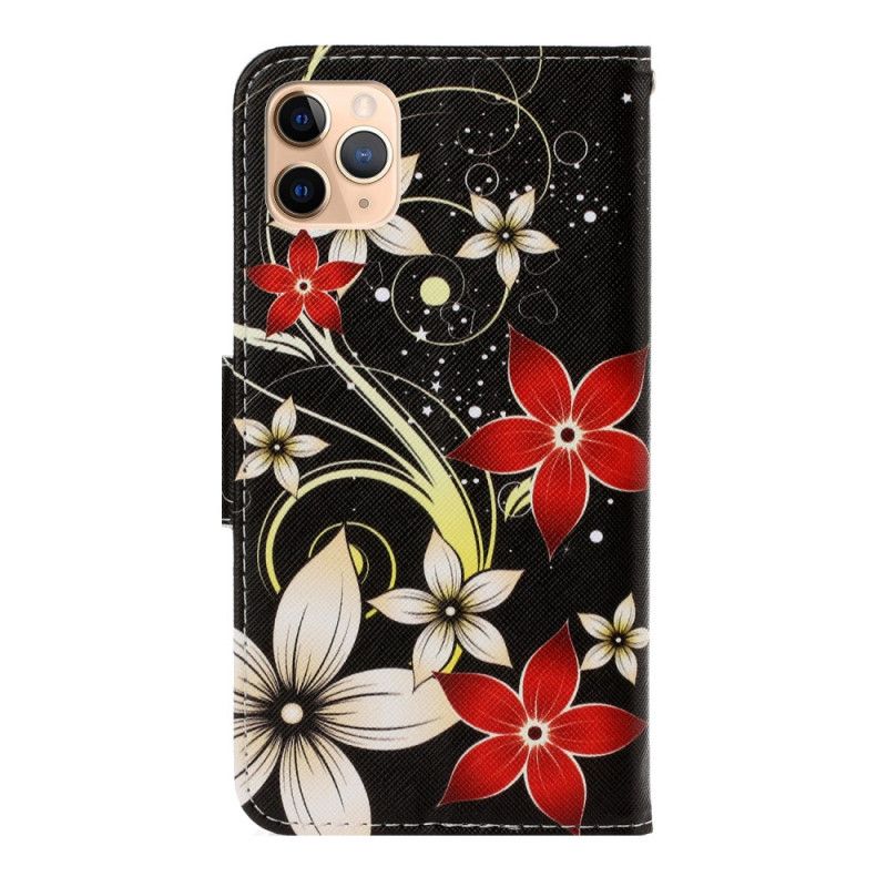 Folio Deksel iPhone 12 Pro Max Svart Fargerike Blomster Med Stropp