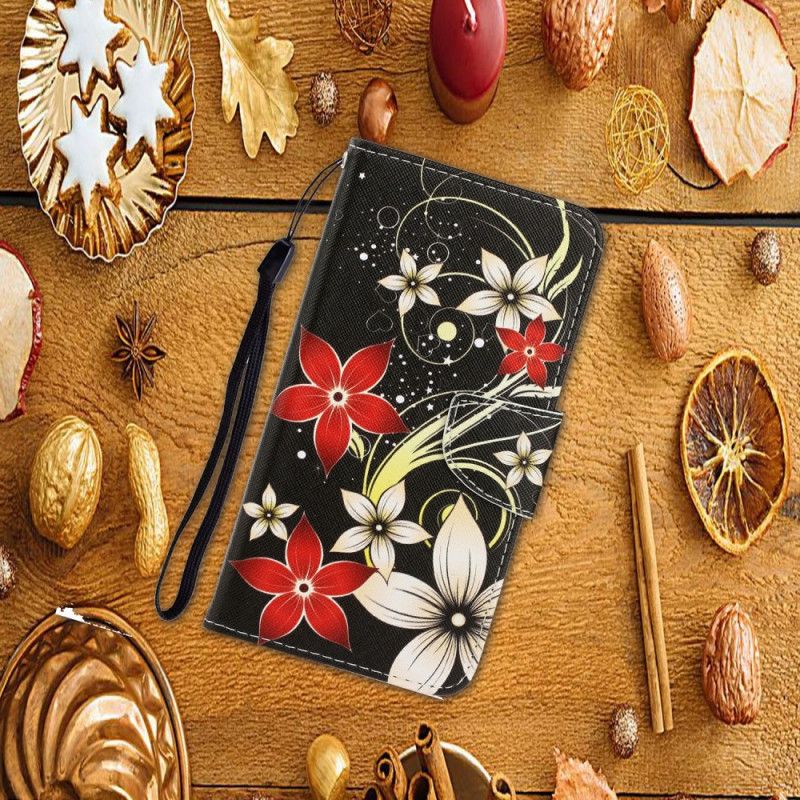 Folio Deksel iPhone 12 Pro Max Svart Fargerike Blomster Med Stropp