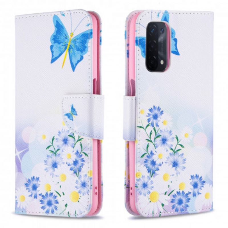 Lærdeksel Folio Deksel Oppo A54 5g / A74 5g Mobildeksel Malte Sommerfugler Og Blomster