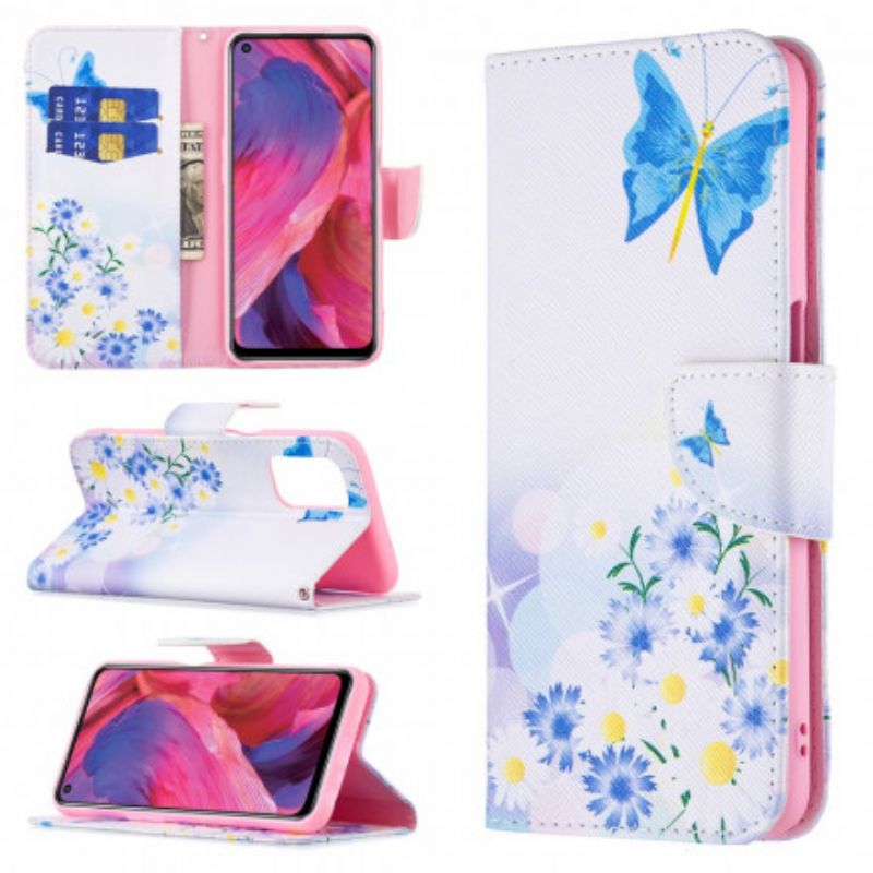 Lærdeksel Folio Deksel Oppo A54 5g / A74 5g Mobildeksel Malte Sommerfugler Og Blomster