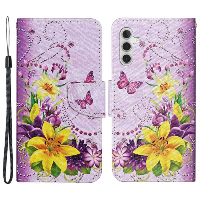 Lærdeksel Folio Deksel Samsung Galaxy S24 Plus 5g Mobildeksel Gule Blomster Og Sommerfugler I Lanière