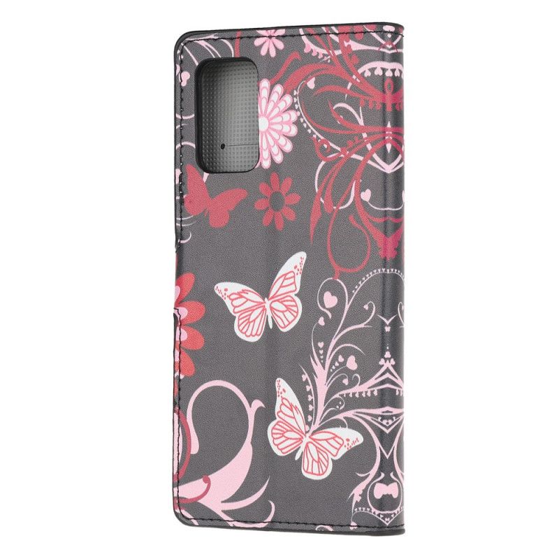 Lærdeksel Folio Deksel Samsung Galaxy S20 Svart Mobildeksel Sommerfugler Og Blomster