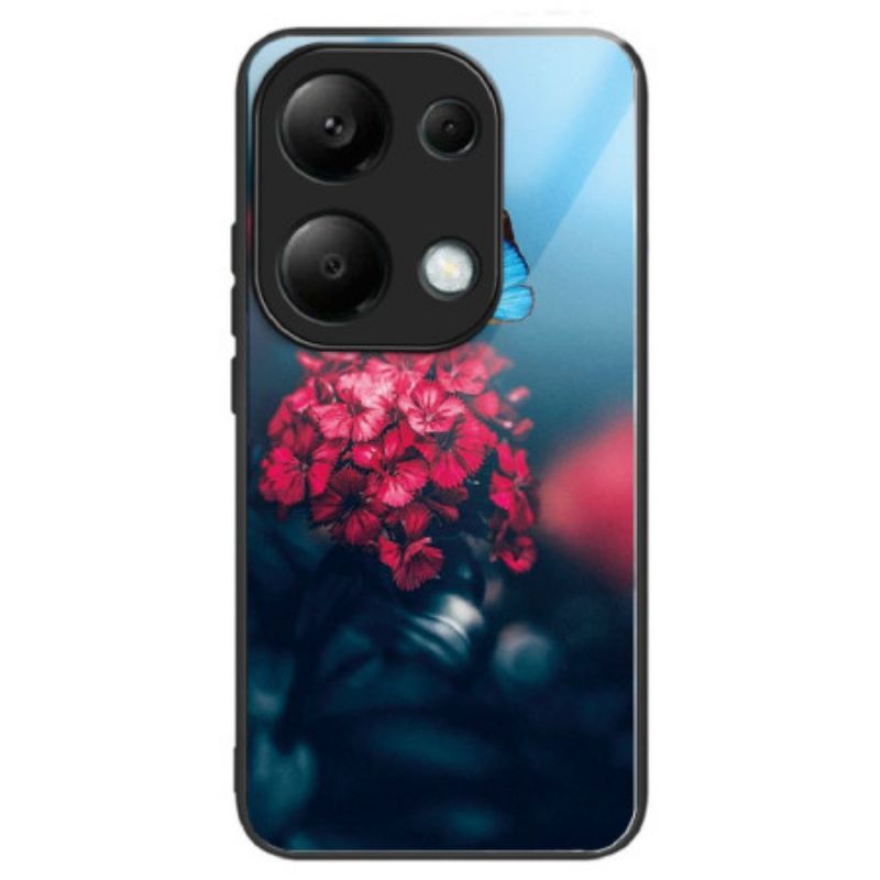 Deksel Til Xiaomi Redmi Note 13 Pro 4g Røde Blomster Og Sommerfugler I Herdet Glass