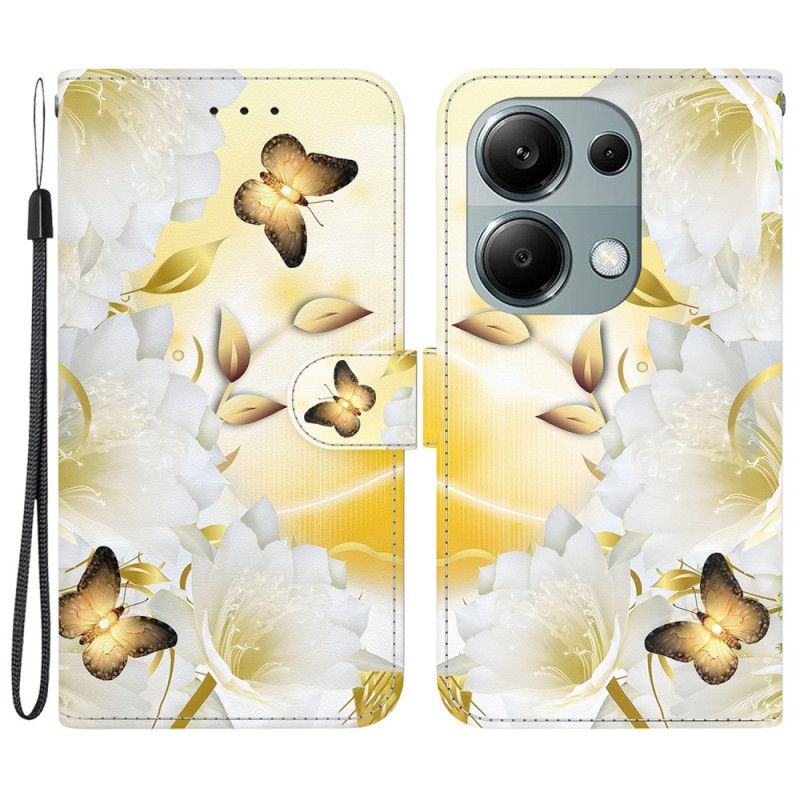 Folio Deksel Til Xiaomi Redmi Note 13 Pro 4g Gylne Sommerfugler Og Hvite Blomster Med Stropp