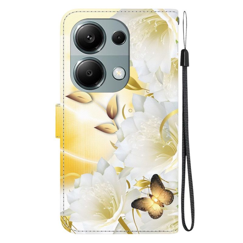 Folio Deksel Til Xiaomi Redmi Note 13 Pro 4g Gylne Sommerfugler Og Hvite Blomster Med Stropp