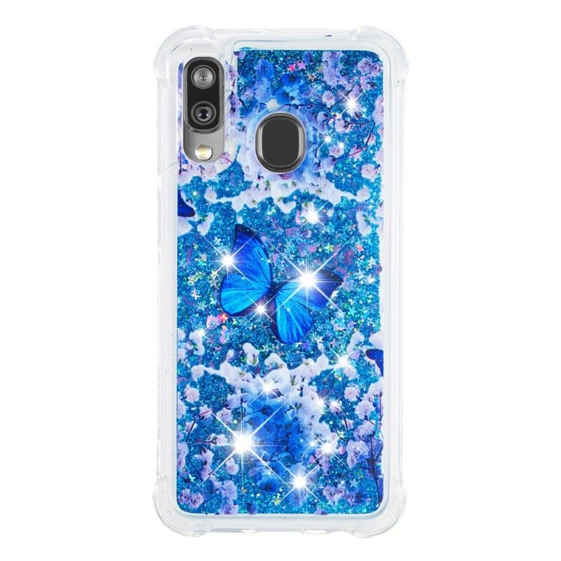 Deksel Samsung Galaxy A40 Blå Glitter Sommerfugler Anti-fall