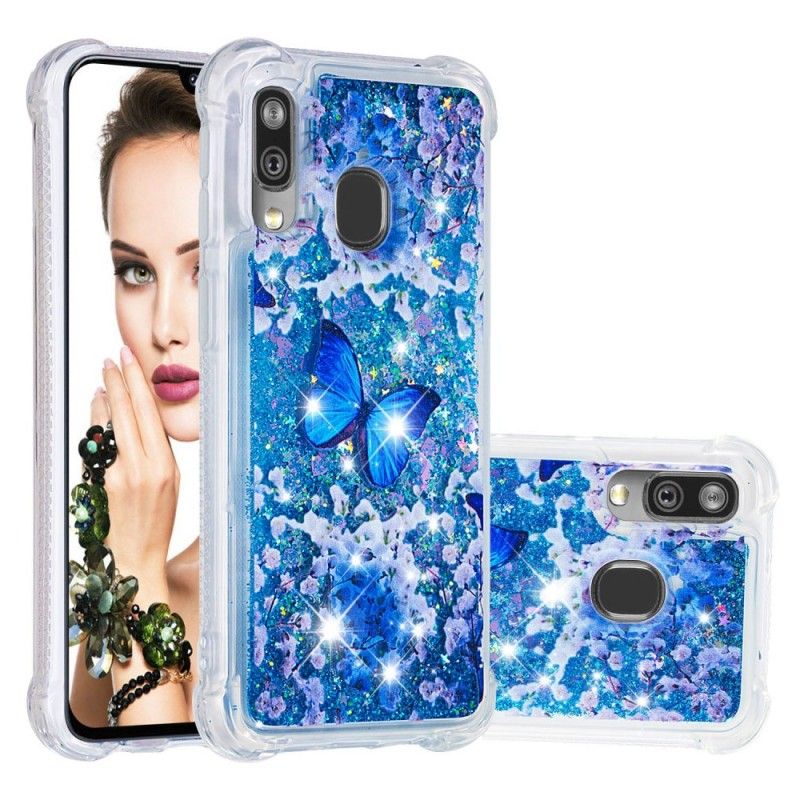 Deksel Samsung Galaxy A40 Blå Glitter Sommerfugler Anti-fall