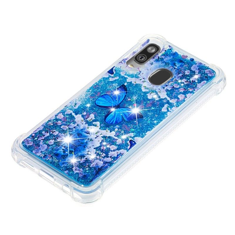 Deksel Samsung Galaxy A40 Blå Glitter Sommerfugler Anti-fall