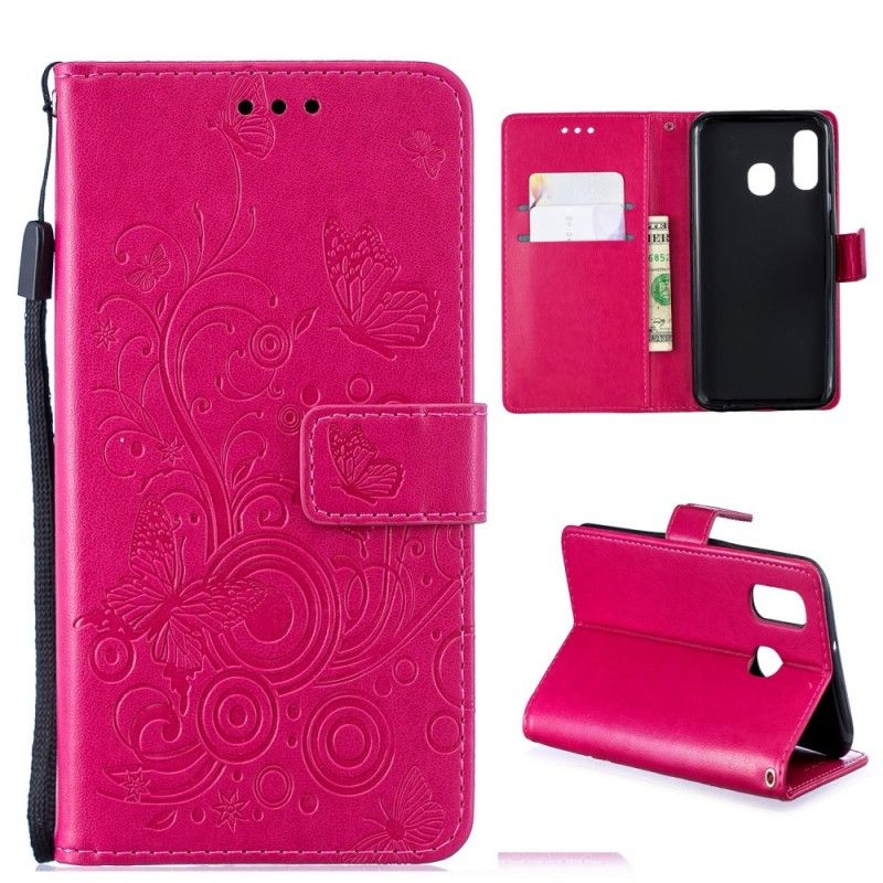 Folio Deksel for Samsung Galaxy A40 Magenta Virvlende Sommerfugler