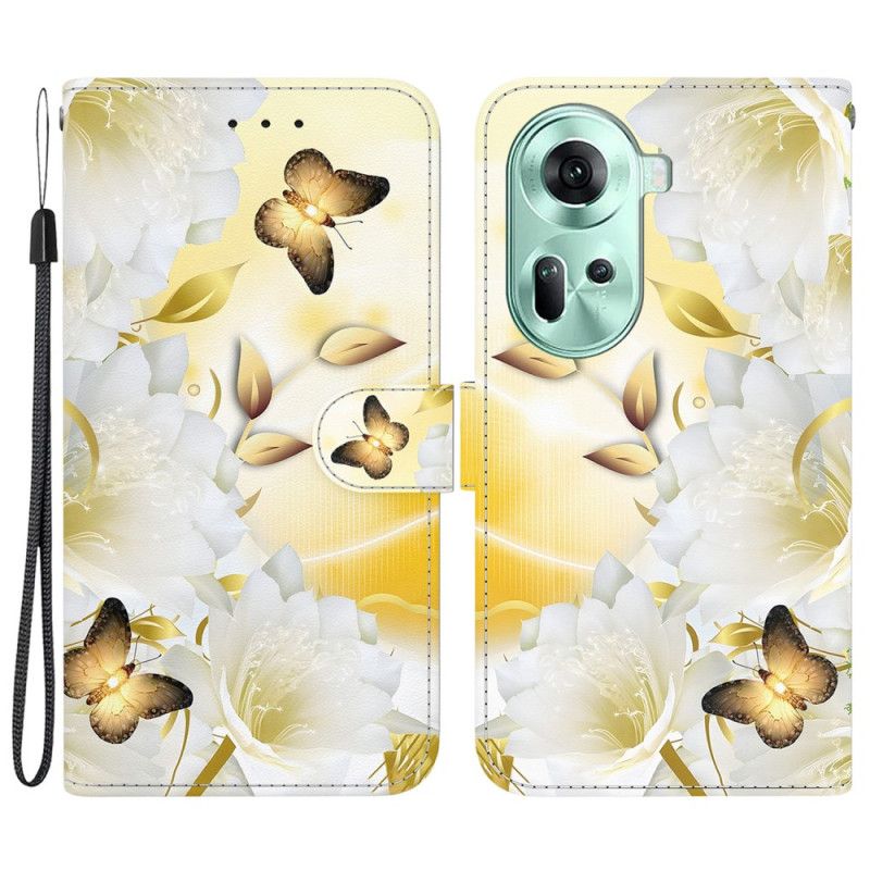 Folio Deksel Oppo Reno 11 5g Gylne Sommerfugler Og Blomster Med Stropp