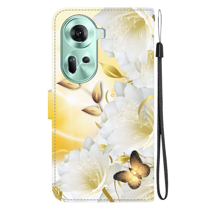 Folio Deksel Oppo Reno 11 5g Gylne Sommerfugler Og Blomster Med Stropp