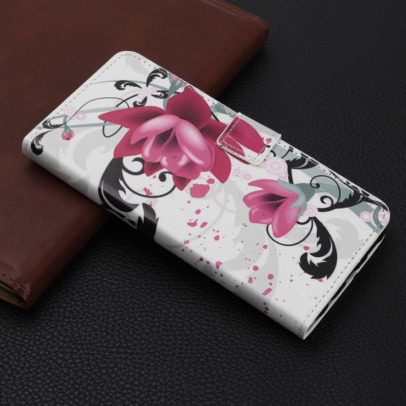 Lærdeksel Folio Deksel Xiaomi Redmi Note 8 Pro Magenta Tropiske Blomster