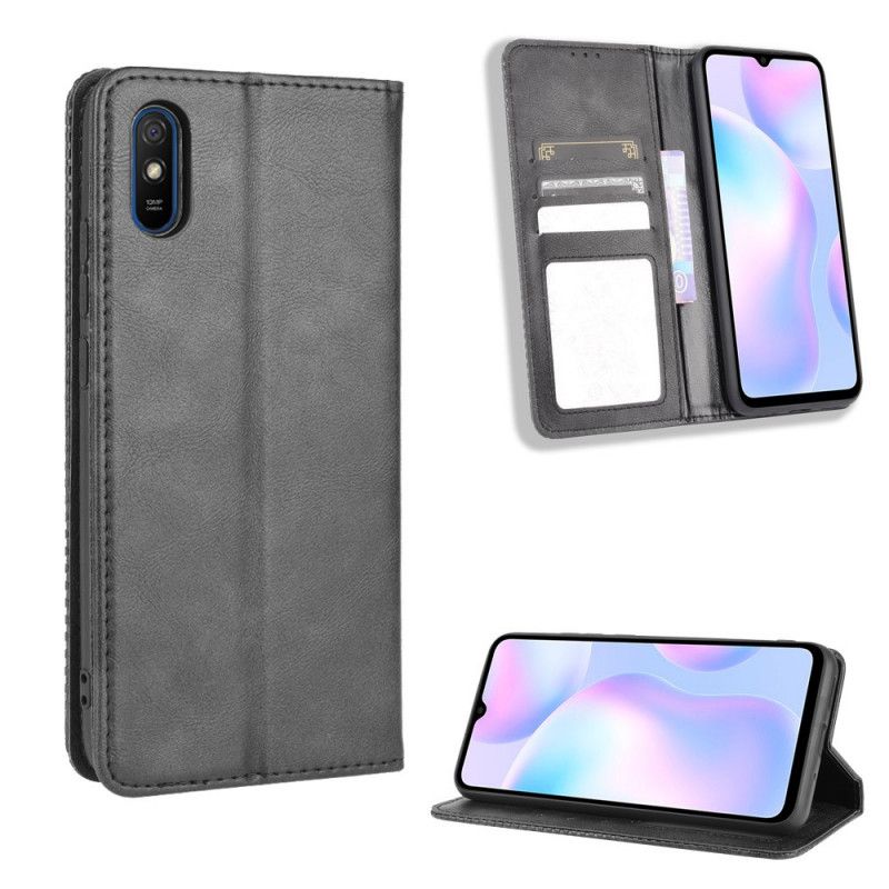 Folio Deksel Xiaomi Redmi 9A Svart Stilisert Vintage Skinneffekt Beskyttelse