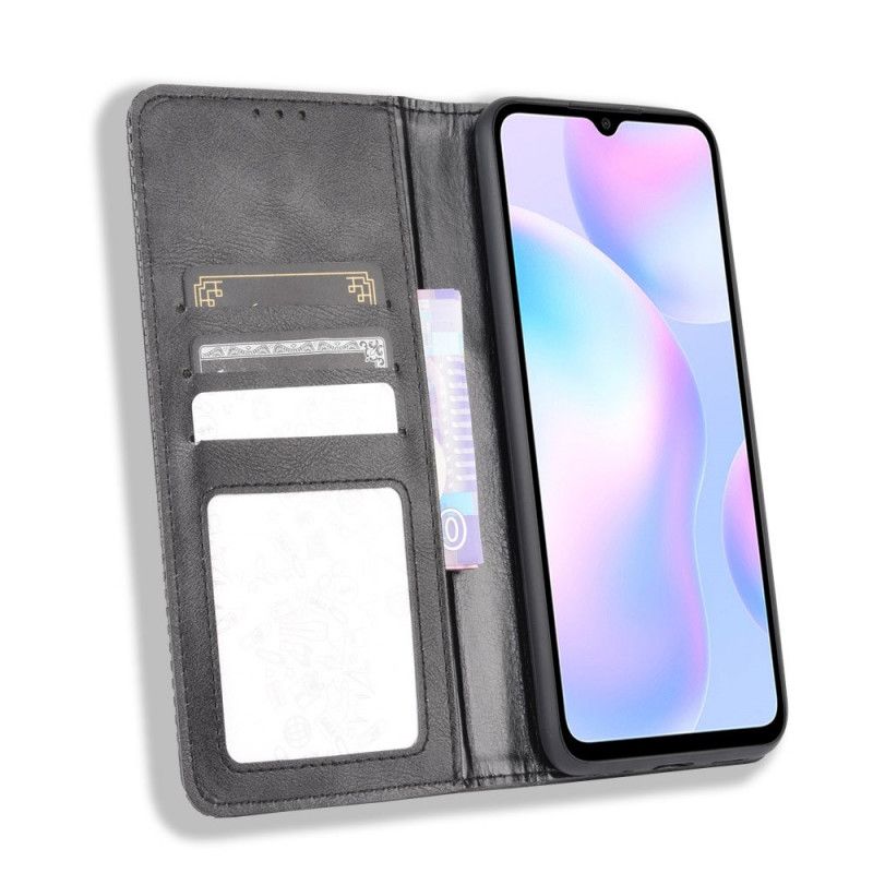 Folio Deksel Xiaomi Redmi 9A Svart Stilisert Vintage Skinneffekt Beskyttelse