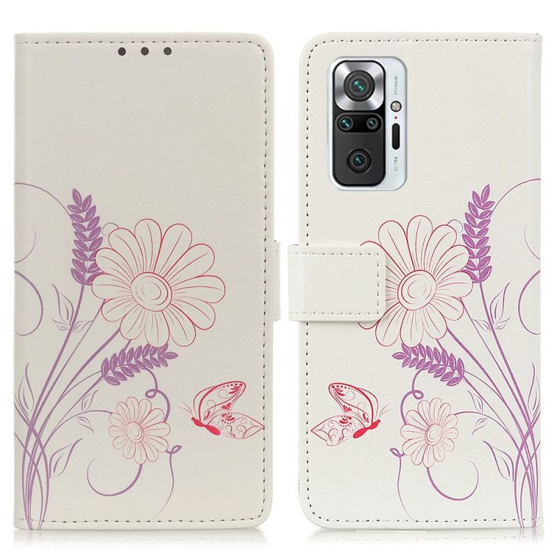 Folio Deksel for Xiaomi Redmi Note 10 Pro Tegning Av Sommerfugler Og Blomster