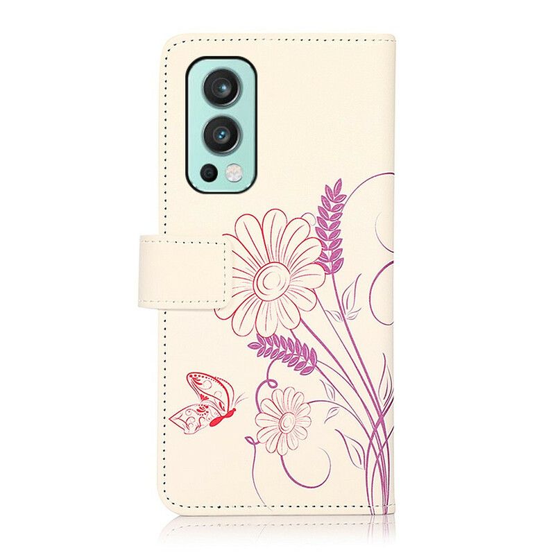 Folio Deksel Oneplus Nord 2 5g Tegning Av Sommerfugler Og Blomster Beskyttelse Deksel