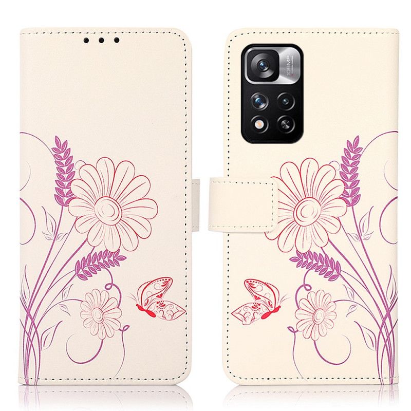 Folio Deksel Til Xiaomi Redmi Note 11 Pro / Note 11 Pro Plus Tegning Av Sommerfugler Og Blomster