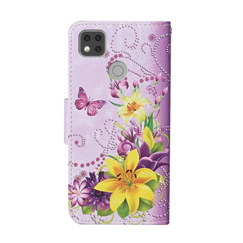 Folio Deksel Xiaomi Redmi 9C Sommerfugler Og Sørlige Blomster Med Tanga Anti-fall