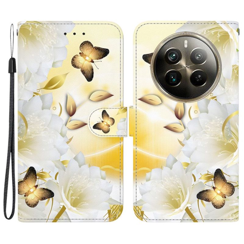 Folio Deksel Realme 12 Pro / 12 Pro Plus Gylne Sommerfugler Og Blomster Med Stropp