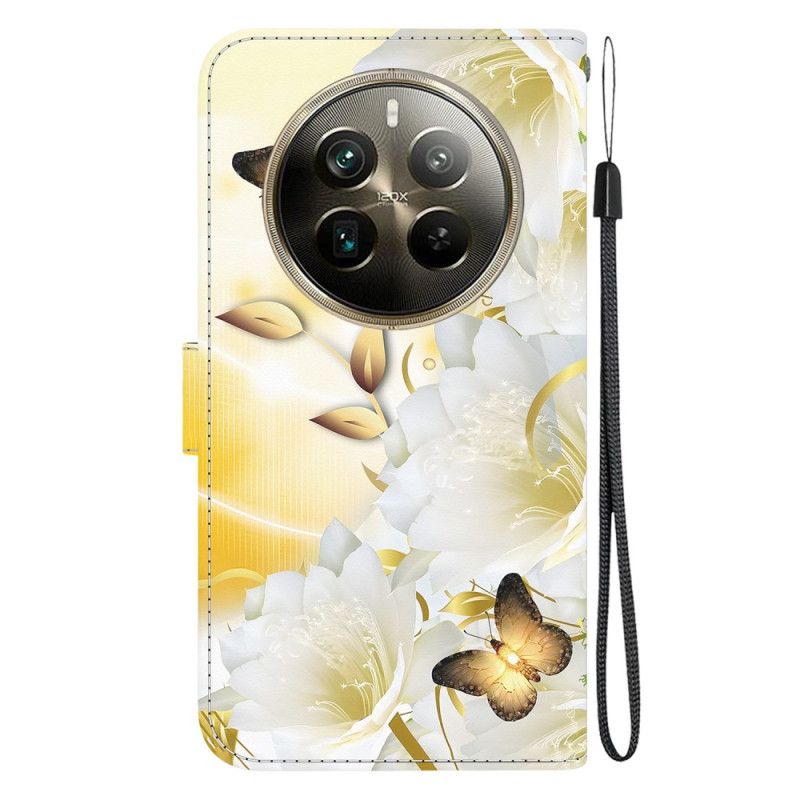 Folio Deksel Realme 12 Pro / 12 Pro Plus Gylne Sommerfugler Og Blomster Med Stropp