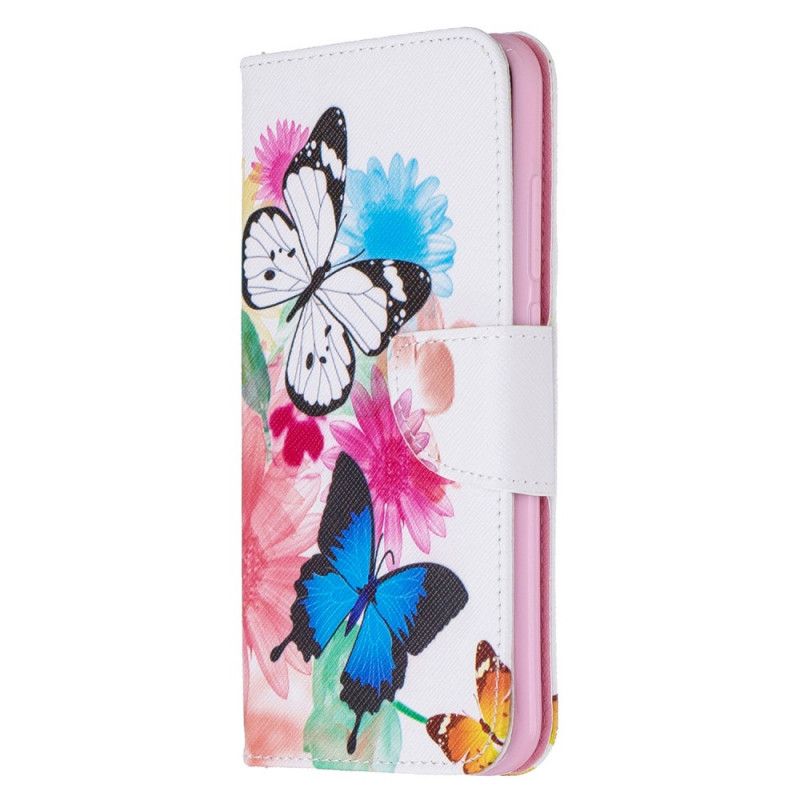 Lærdeksel Folio Deksel Xiaomi Redmi Note 8 Magenta Mobildeksel Malte Sommerfugler Og Blomster