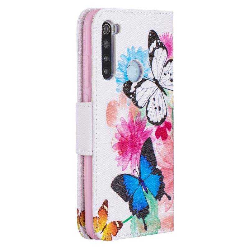 Lærdeksel Folio Deksel Xiaomi Redmi Note 8 Magenta Mobildeksel Malte Sommerfugler Og Blomster