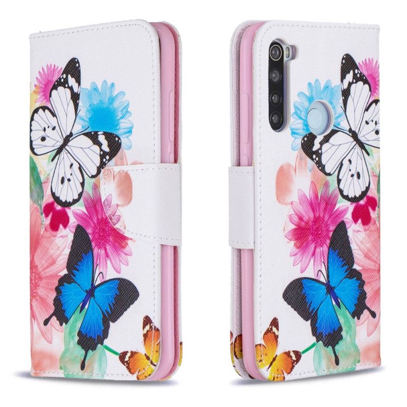 Lærdeksel Folio Deksel Xiaomi Redmi Note 8 Magenta Mobildeksel Malte Sommerfugler Og Blomster