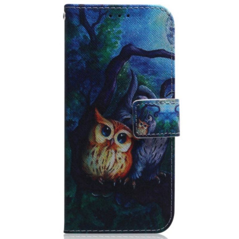 Folio Deksel Til Samsung Galaxy M13 Med Kjede Strappy Owls Maleri