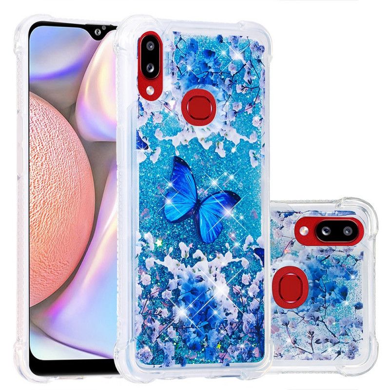 Deksel for Samsung Galaxy A10s Blå Glitter Sommerfugler