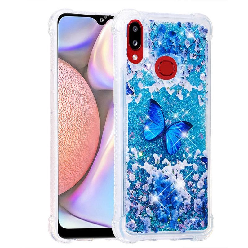 Deksel for Samsung Galaxy A10s Blå Glitter Sommerfugler