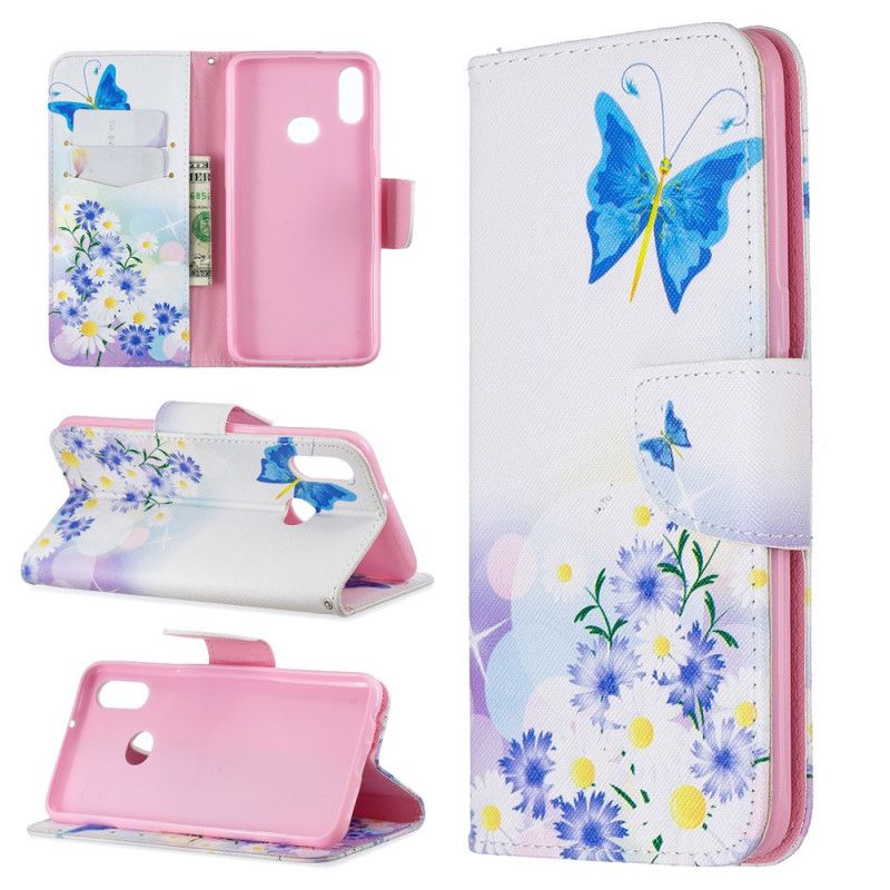 Folio Deksel for Samsung Galaxy A10s Magenta Malte Sommerfugler Og Blomster