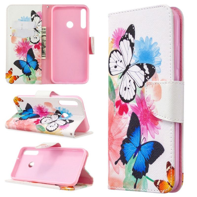 Folio Deksel for Huawei P40 Lite E / Y7p Magenta Malte Sommerfugler Og Blomster