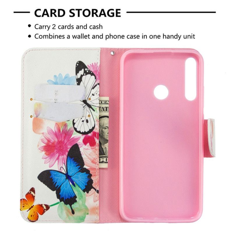 Folio Deksel for Huawei P40 Lite E / Y7p Magenta Malte Sommerfugler Og Blomster