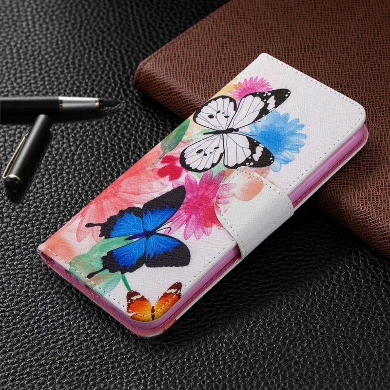 Folio Deksel for Huawei P40 Lite E / Y7p Magenta Malte Sommerfugler Og Blomster