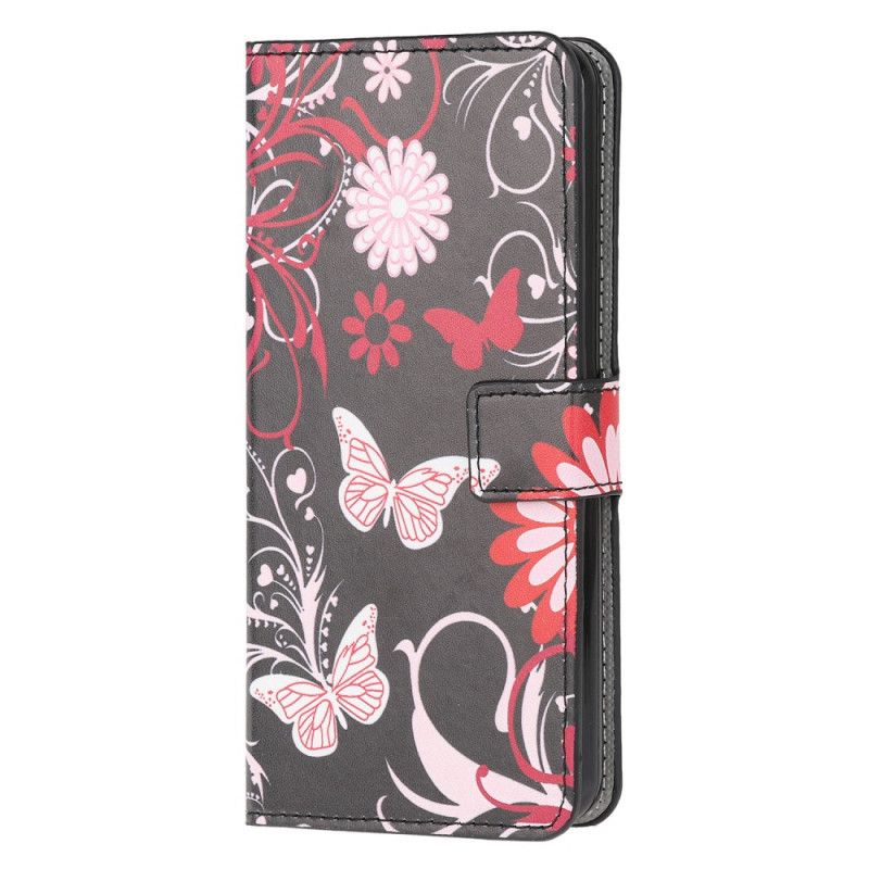 Folio Deksel Huawei P40 Lite E / Y7p Svart Sommerfugler Og Blomster 2