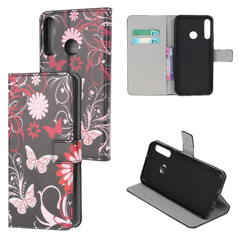 Folio Deksel Huawei P40 Lite E / Y7p Svart Sommerfugler Og Blomster 2