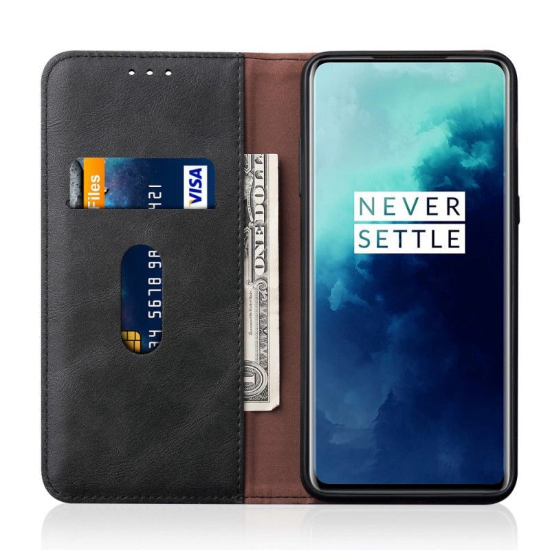 Folio Deksel OnePlus 7T Pro Svart Mobildeksel Sydd Skinneffekt