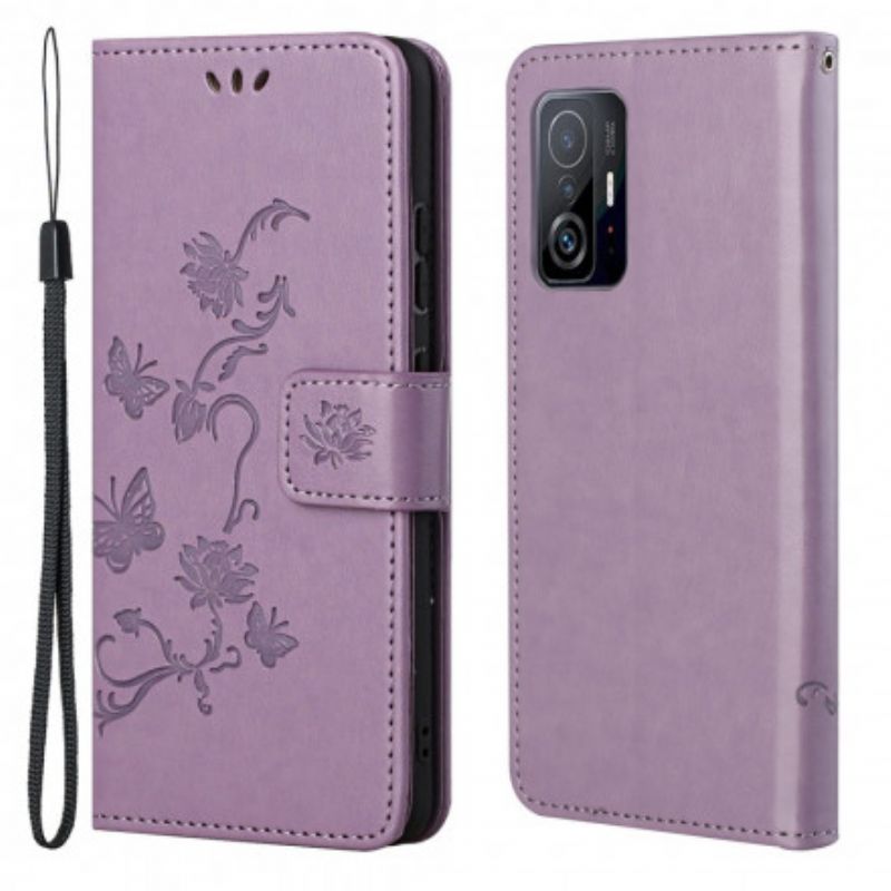 Folio Deksel Xiaomi Mi 11t / 11t Pro Sommerfugler Og Blomster Strappy