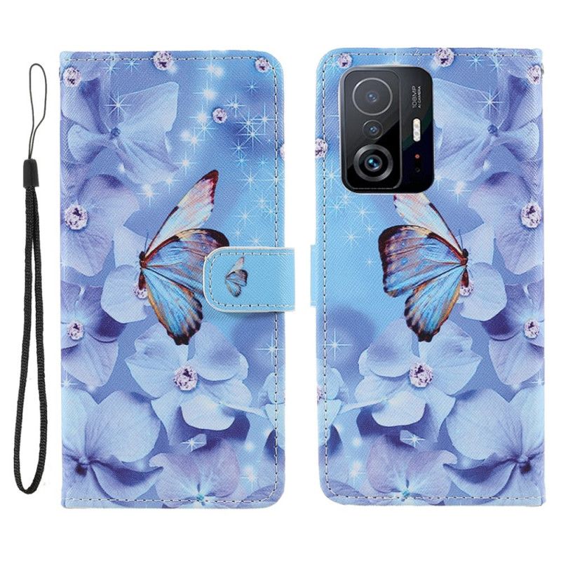 Lærdeksel Folio Deksel Xiaomi Mi 11t / 11t Pro Mobildeksel Diamond Strappy Butterflies