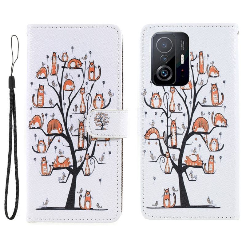 Lærdeksel Folio Deksel Xiaomi Mi 11t / 11t Pro Mobildeksel Funky Cats Strappy