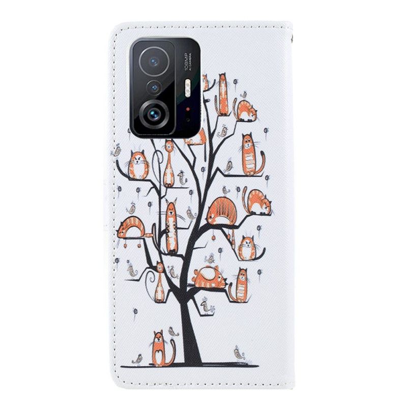 Lærdeksel Folio Deksel Xiaomi Mi 11t / 11t Pro Mobildeksel Funky Cats Strappy