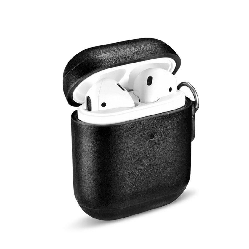 Deksel AirPods Svart Ekte Lær Med Icarer Stropp Beskyttelse