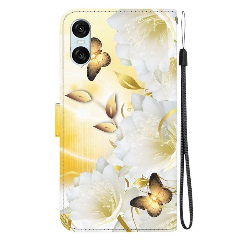 Folio Deksel Til Sony Xperia 10 Vi Gylne Sommerfugler Og Hvite Blomster Med Stropp