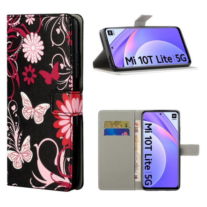 Folio Deksel for Xiaomi Mi 10T Lite 5G / Redmi Note 9 Pro 5G Svart Sommerfugler Og Blomster