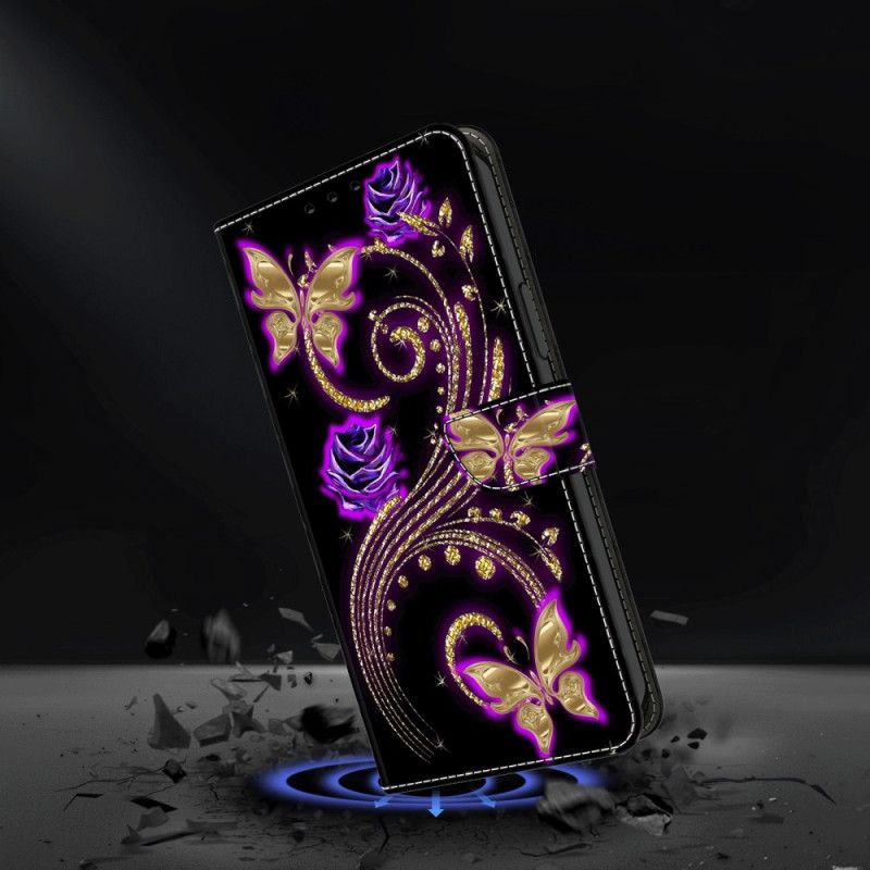 Folio Deksel Til Samsung Galaxy A15 Fiolette Blomster Og Sommerfugler