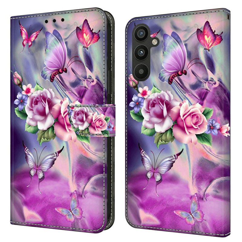 Lærdeksel Folio Deksel Samsung Galaxy A15 Lilla Sommerfugler Og Blomster