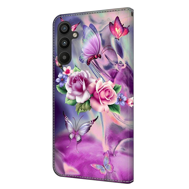 Lærdeksel Folio Deksel Samsung Galaxy A15 Lilla Sommerfugler Og Blomster