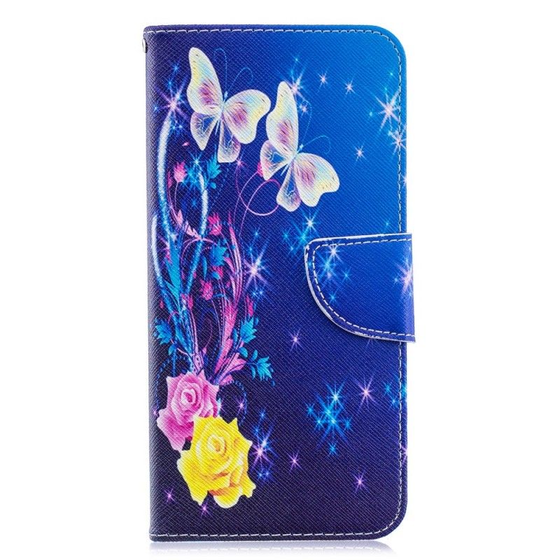 Folio Deksel for Samsung Galaxy A70 Magenta Gyldne Sommerfugler