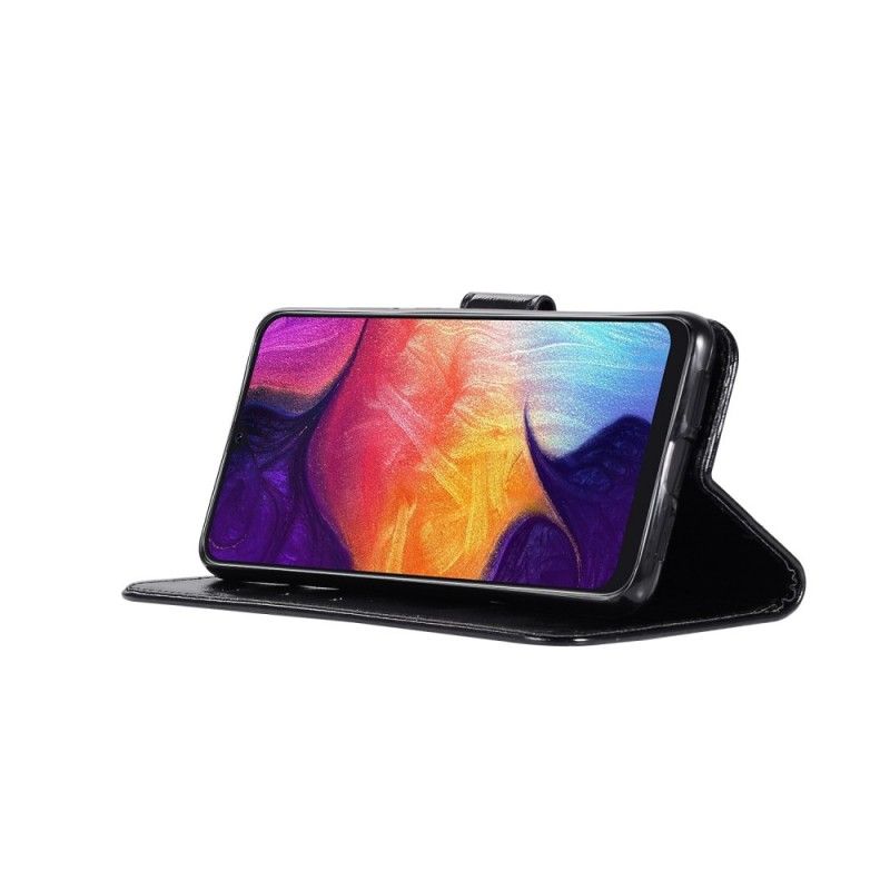 Folio Deksel Samsung Galaxy A70 Svart Vintage Skinneffekt Med Stropp Beskyttelse